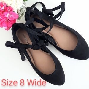 2/$35 SALE Torrid Black Suede Flats  8W   Ankle Ties  Like New